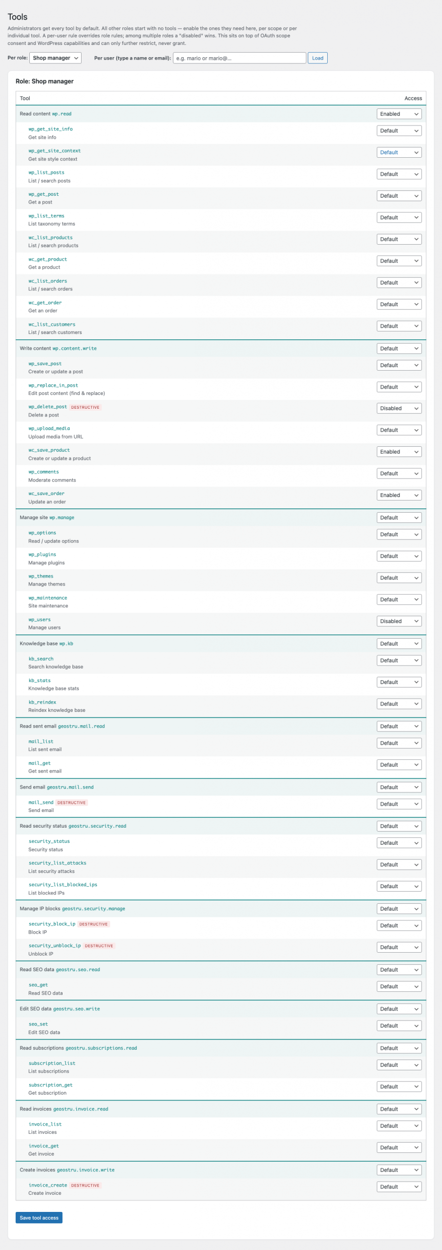 tools Agent Pilot Tools screen — per-role and per-user access